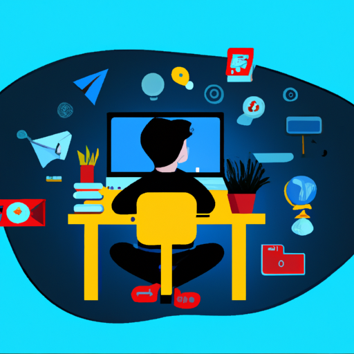 איור של תלמיד יושב ליד מחשב, עם סמלים אקדמיים שונים מסביב, המסמלים את מגוון הידע הרחב הקיים ברשת.